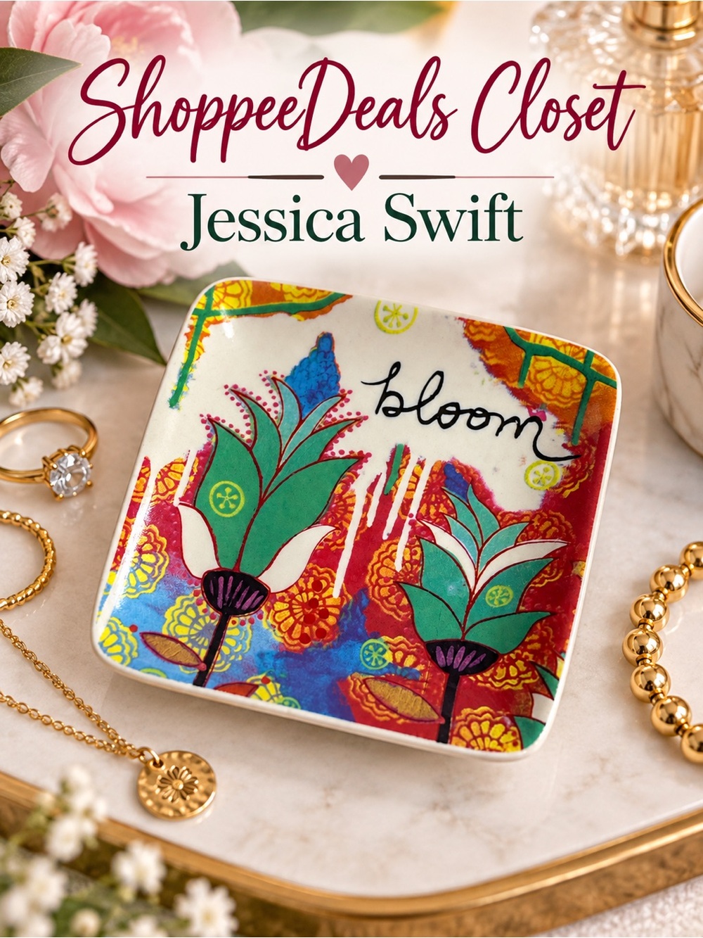 Jessica Swift Creative Co-Op “Bloom” Floral Trinket Dish Catchall Ring Tray